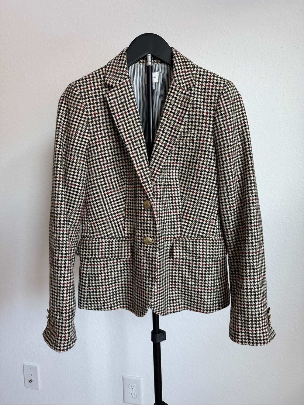 J. Crew Houndstooth Blazer in Black, White, Brown with Red Accents